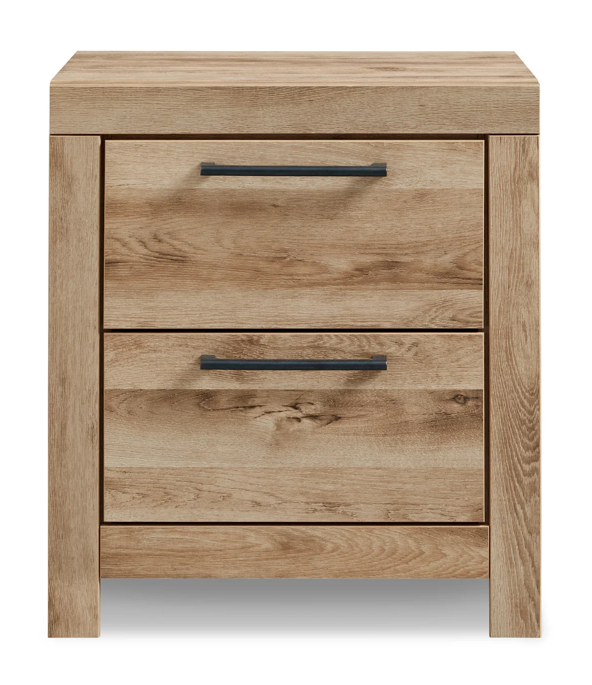 Two-drawer nightstand with a golden rustic finish, faux linen-lined drawers, antiqued gunmetal hardware, and built-in USB charging ports.