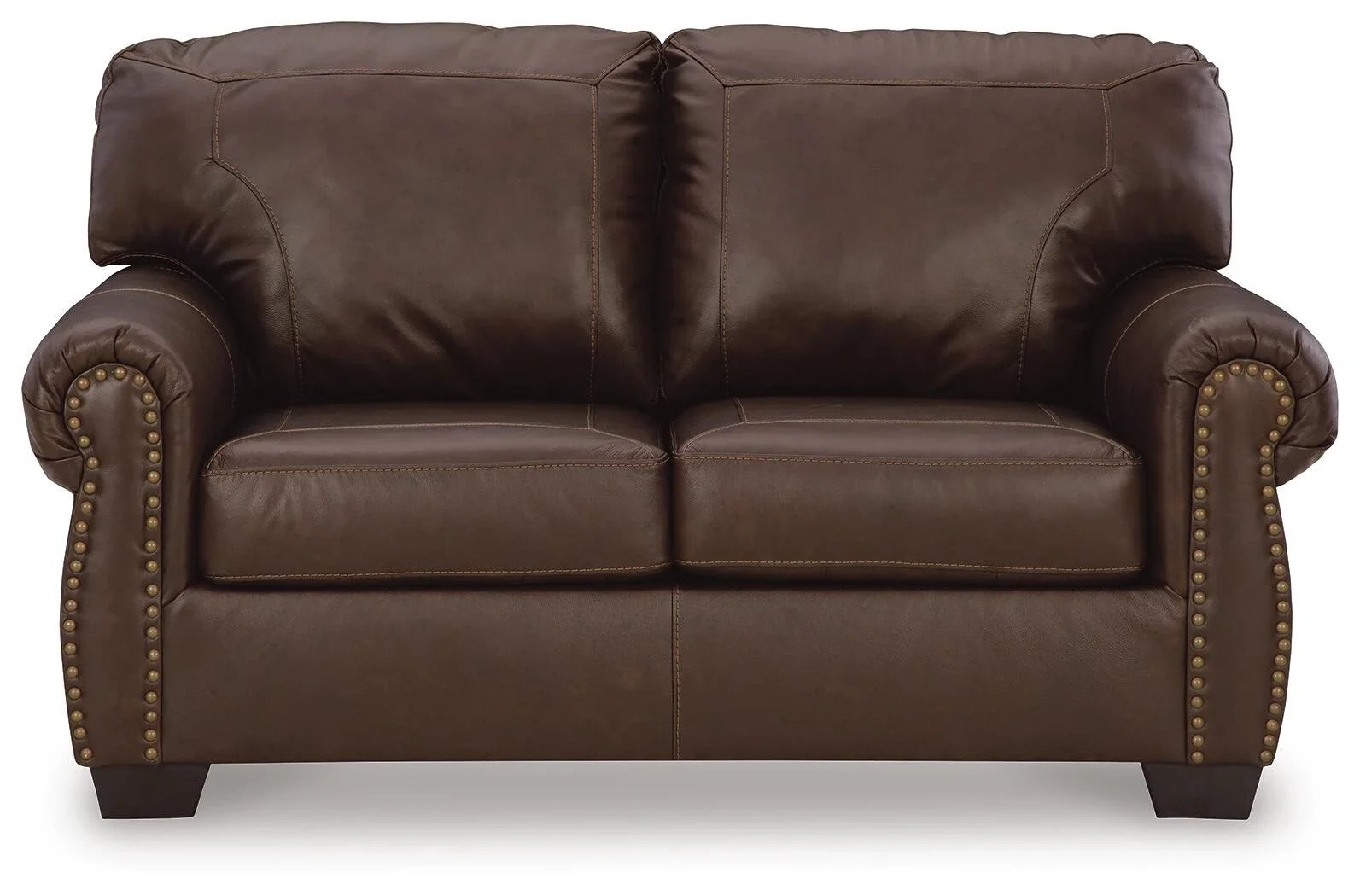 Matching leather loveseat with top-grain leather seating, roll arms, decorative nailhead trim, and supportive foam cushions.