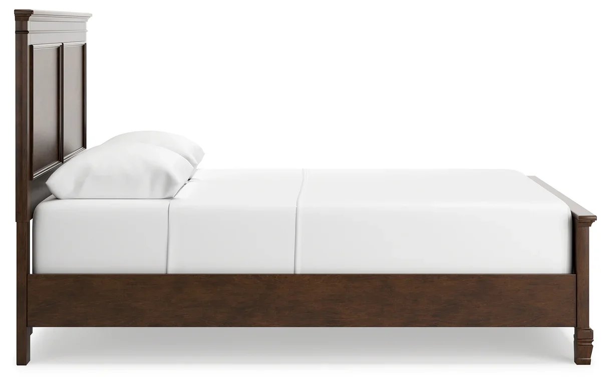 Traditional cherry panel bed with a rich brownish cherry finish, clean lines, and tapered feet.