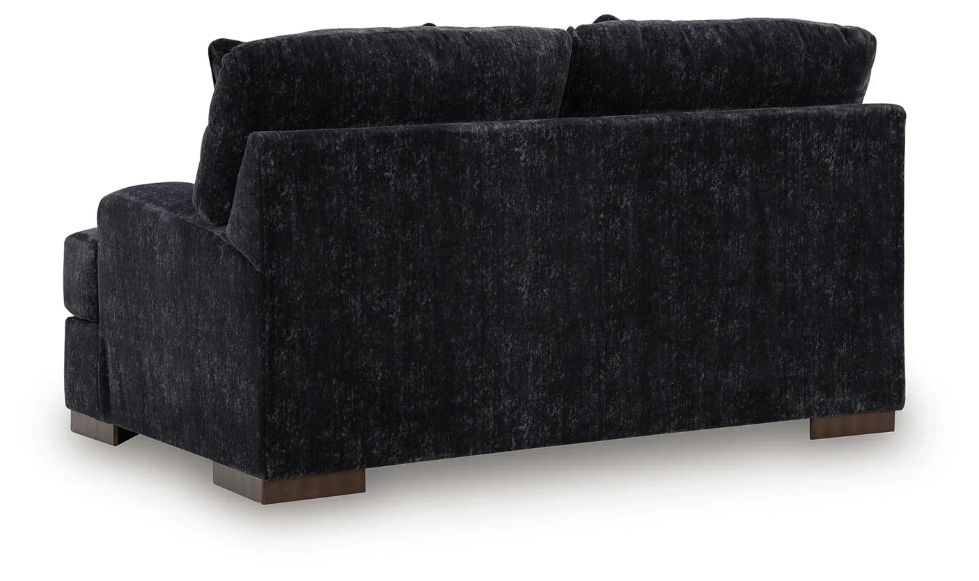 Matching oversized loveseat with chunky chenille upholstery, reversible cushions, plush seating, and coordinating accent pillows.