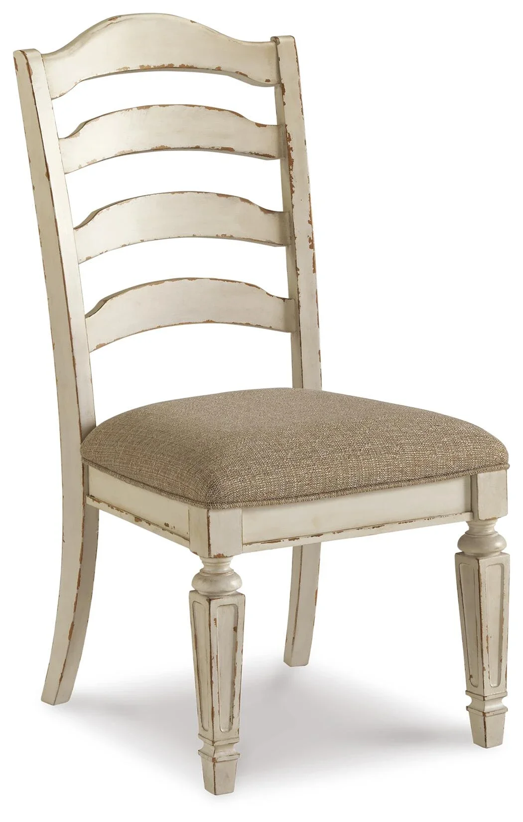 French country ladderback dining chair with a distressed chipped white finish and a cushioned polyester upholstered seat.