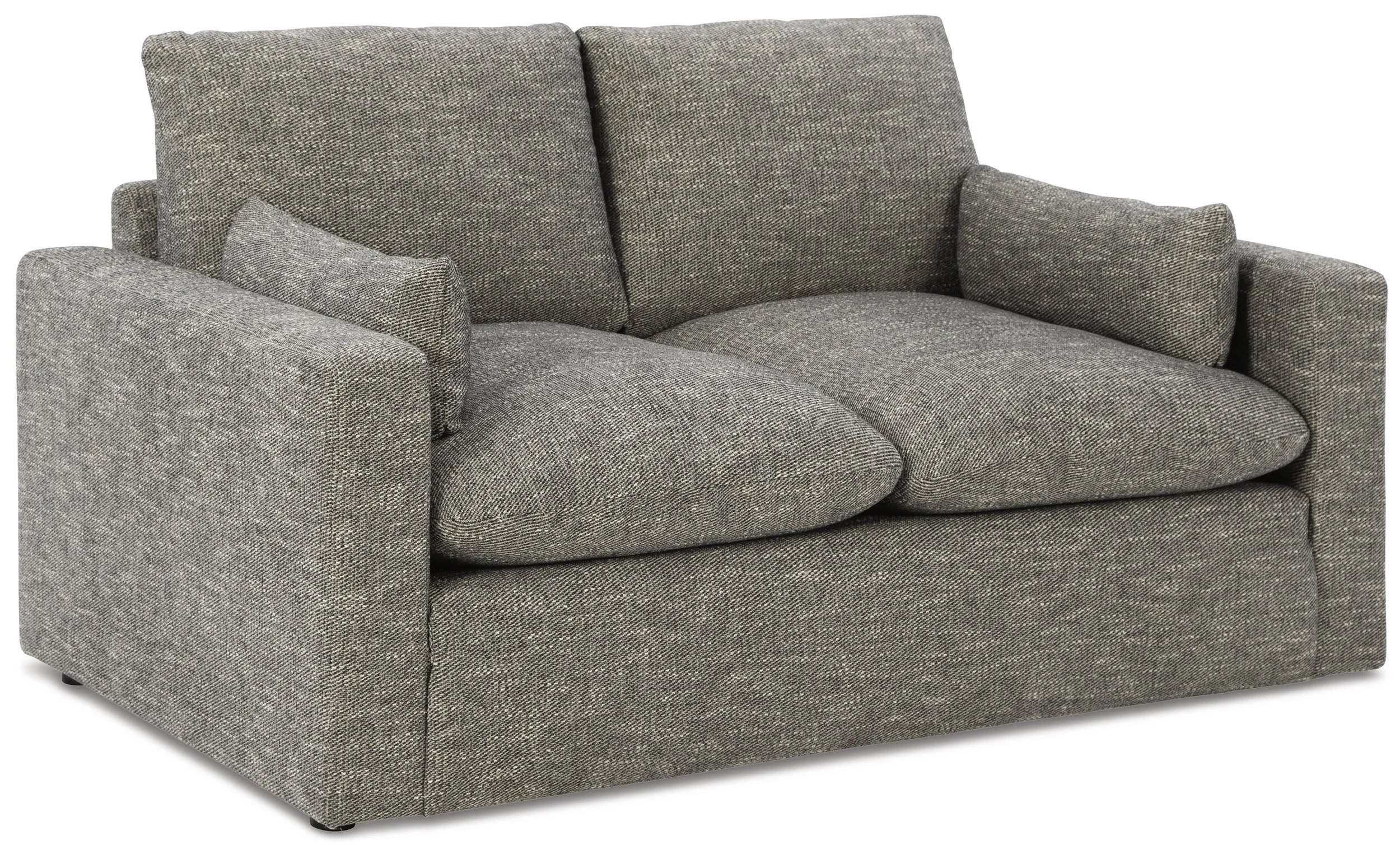 Matching loveseat with plush feather-fiber blend cushions, granite-colored upholstery, reversible cushions, and bolster pillows.