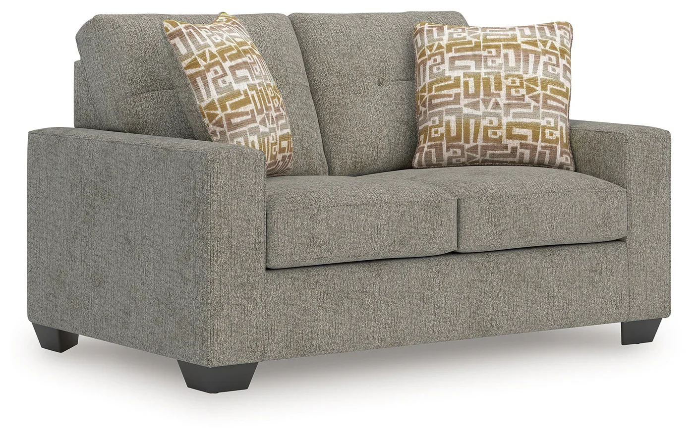 Matching transitional loveseat with track arms, soft polyester upholstery, plush cushions, and coordinating accent pillows.
