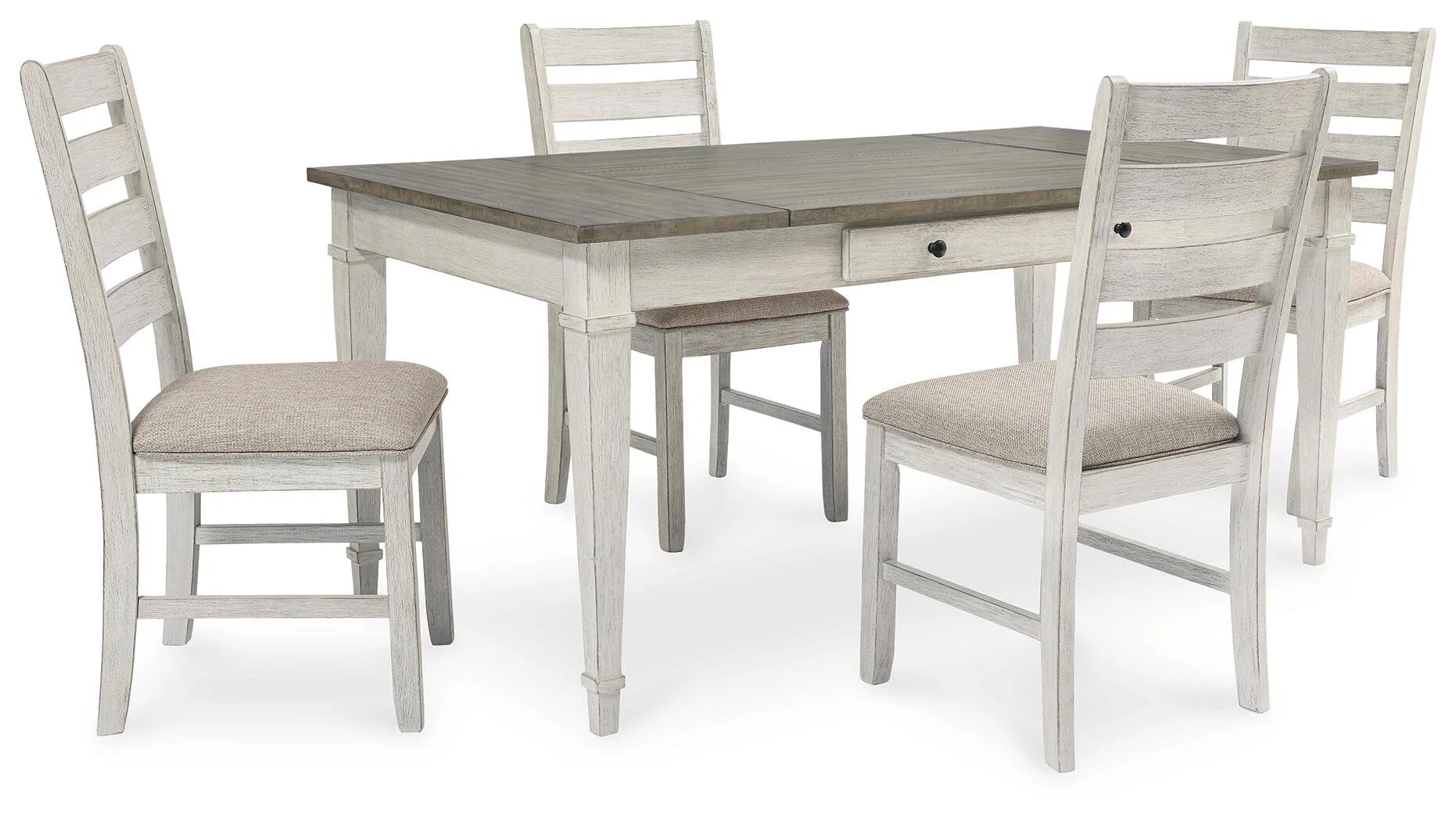 Seaside 5-piece dining set with a rectangular storage dining table and four upholstered ladderback chairs on a white background.