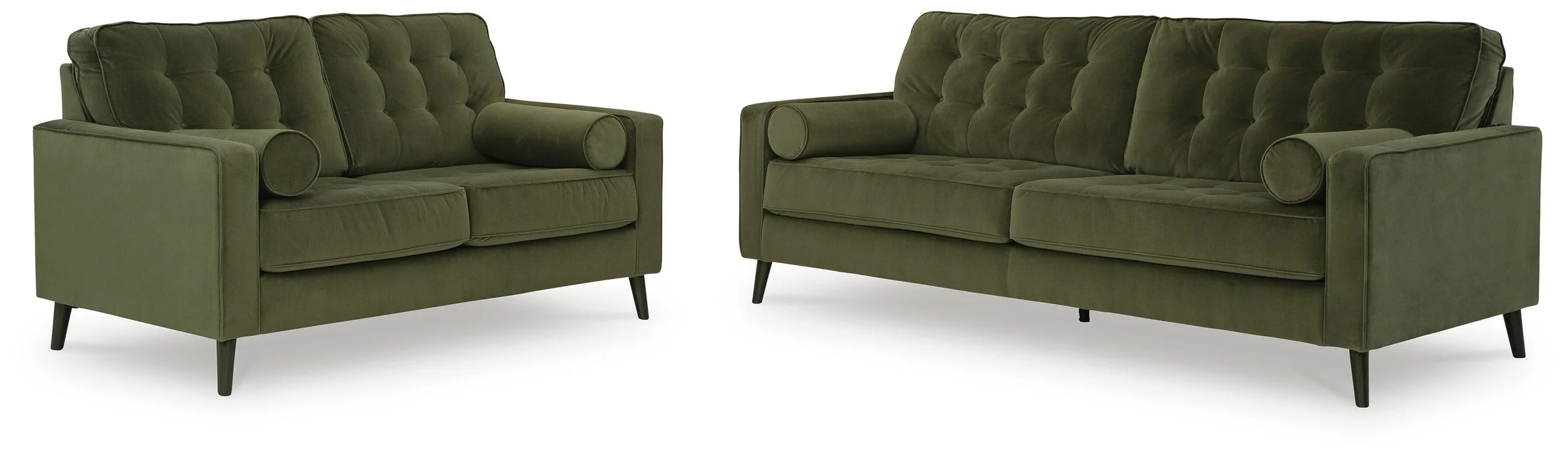 Remington velvet sofa and loveseat collection on a white background featuring a contemporary sofa and matching loveseat.