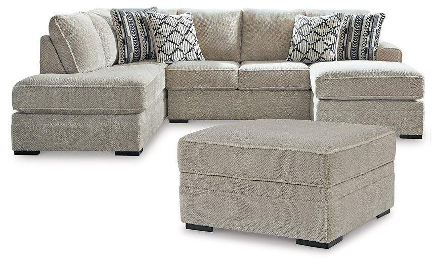 Canyon sectional collection with a spacious dual-chaise sectional and storage ottoman on a white background.