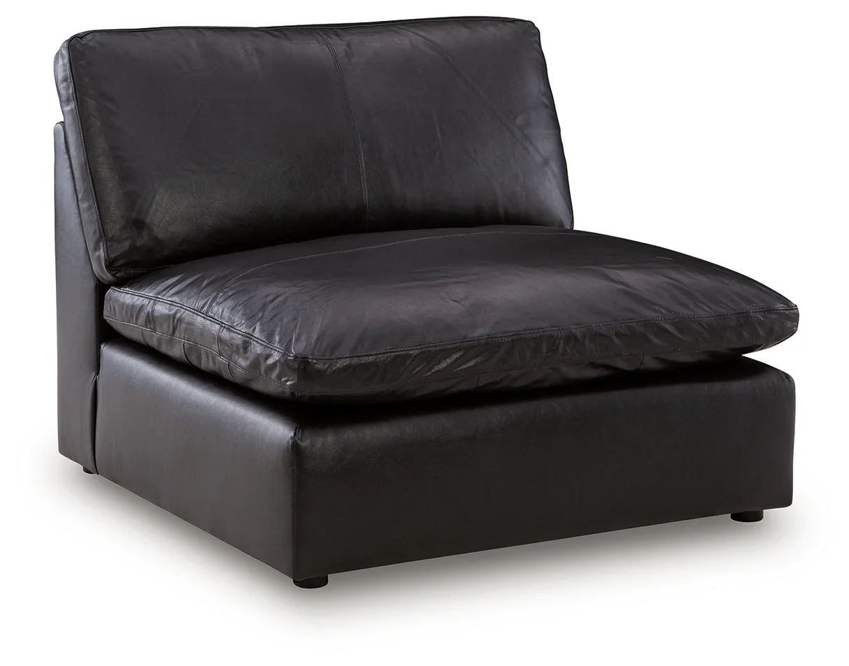 Contemporary modular loveseat with top-grain leather seating, feather-fiber cushions, bolster pillows, and two-piece modular design.