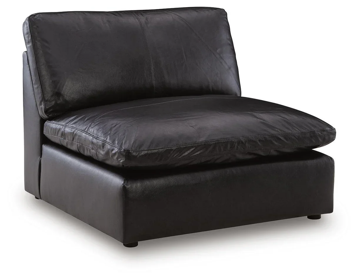 Modern modular leather sofa with top-grain leather seating, feather-fiber cushions, bolster pillows, and flexible three-piece configuration.