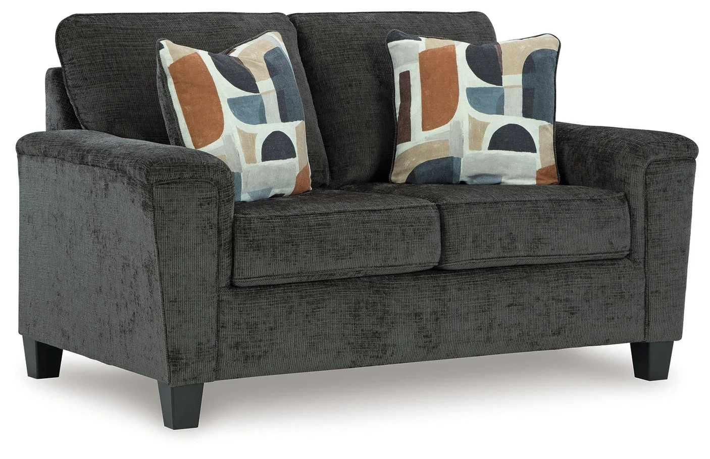 Matching contemporary loveseat with plush polyester upholstery, tapered faux wood legs, and coordinating accent pillows.