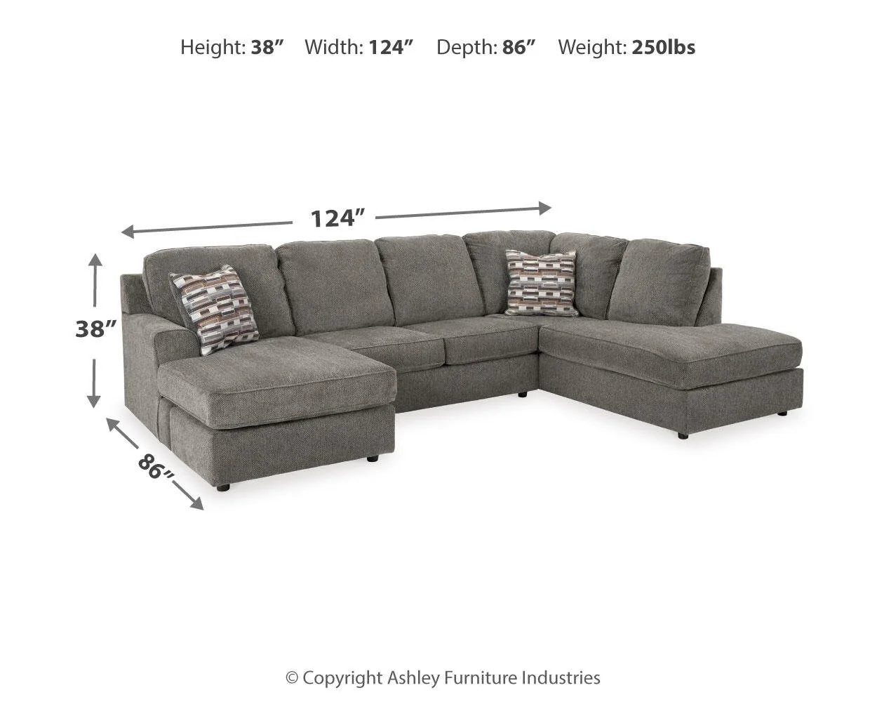 Oakridge sectional dimensions showing overall width, depth, and height measurements.