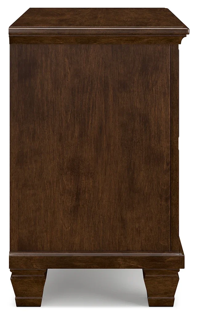Two-drawer cherry nightstand with a brownish cherry finish, dovetail drawers, tapered feet, and satin nickel-tone hardware.