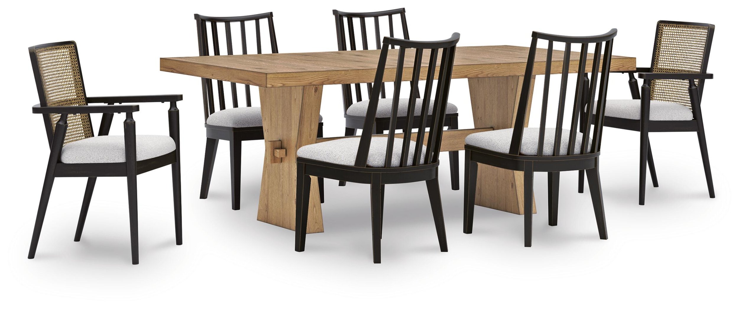 Grandview 7-piece dining set with a rectangular rustic oak dining table, four upholstered side chairs, and two cane back armchairs on a white background.