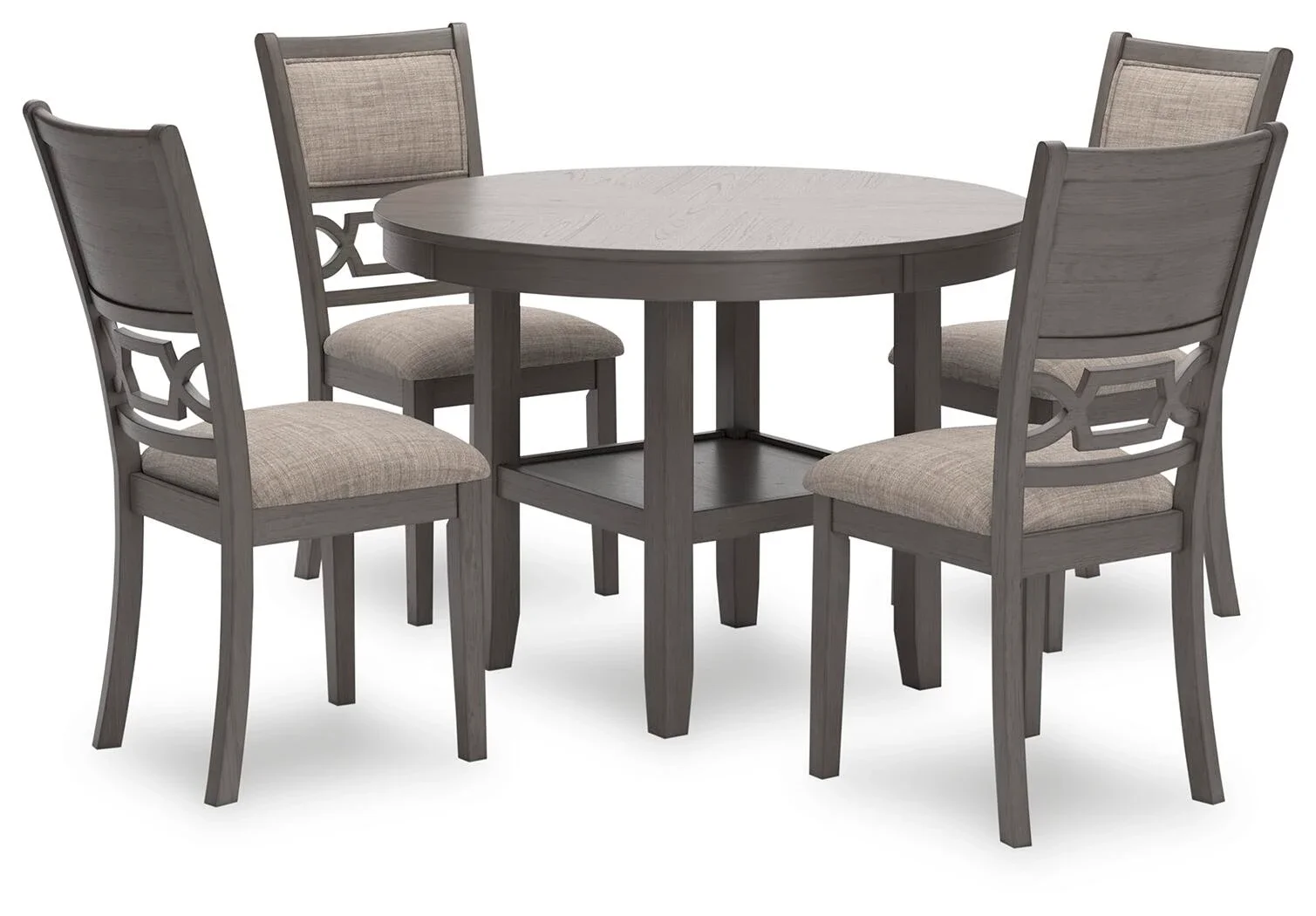 Wrenley 5-piece dining set with a square light gray dining table featuring a lower shelf and four upholstered dining chairs on a white background.