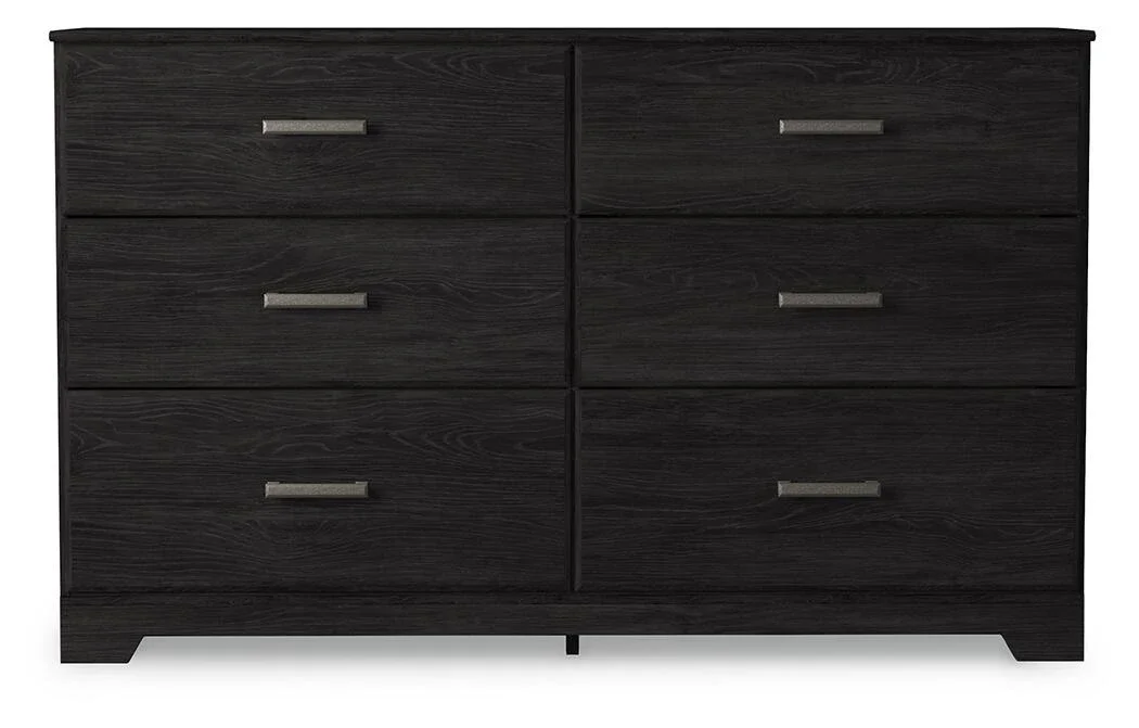Six-drawer charcoal dresser with a matching framed mirror, smooth-gliding drawers, and antiqued pewter-tone hardware.