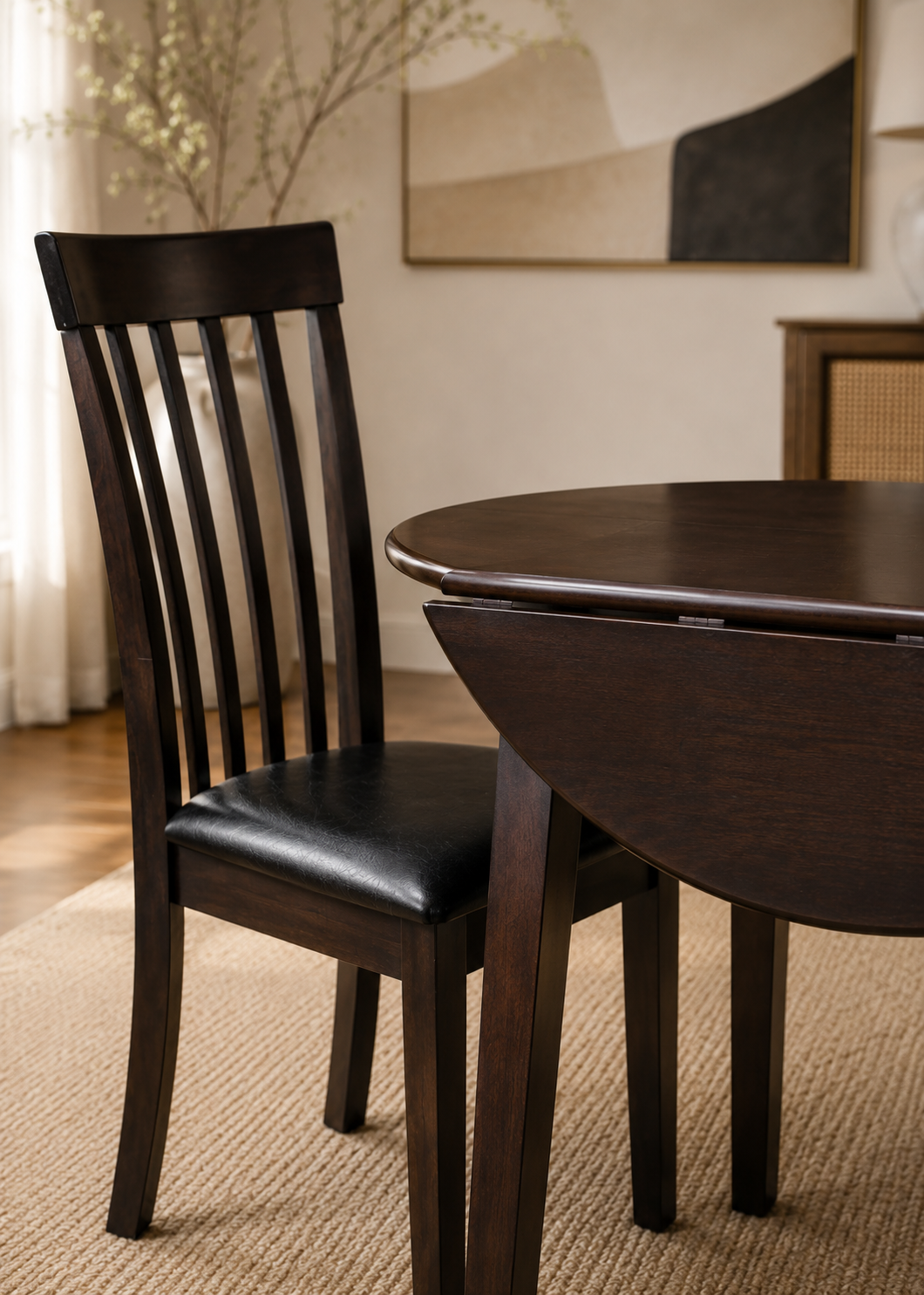 Close-up of the Hearthside dining set showcasing the wood grain, dark brown finish with gray undertones, cushioned seat, and craftsmanship.