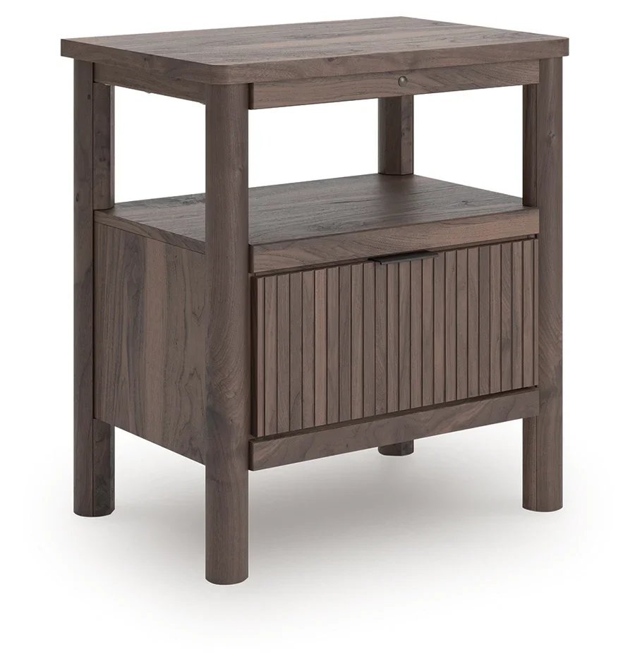 Modern one-drawer nightstand with a walnut-look finish, open shelf, ambient lighting, and built-in USB-A and USB-C charging ports.