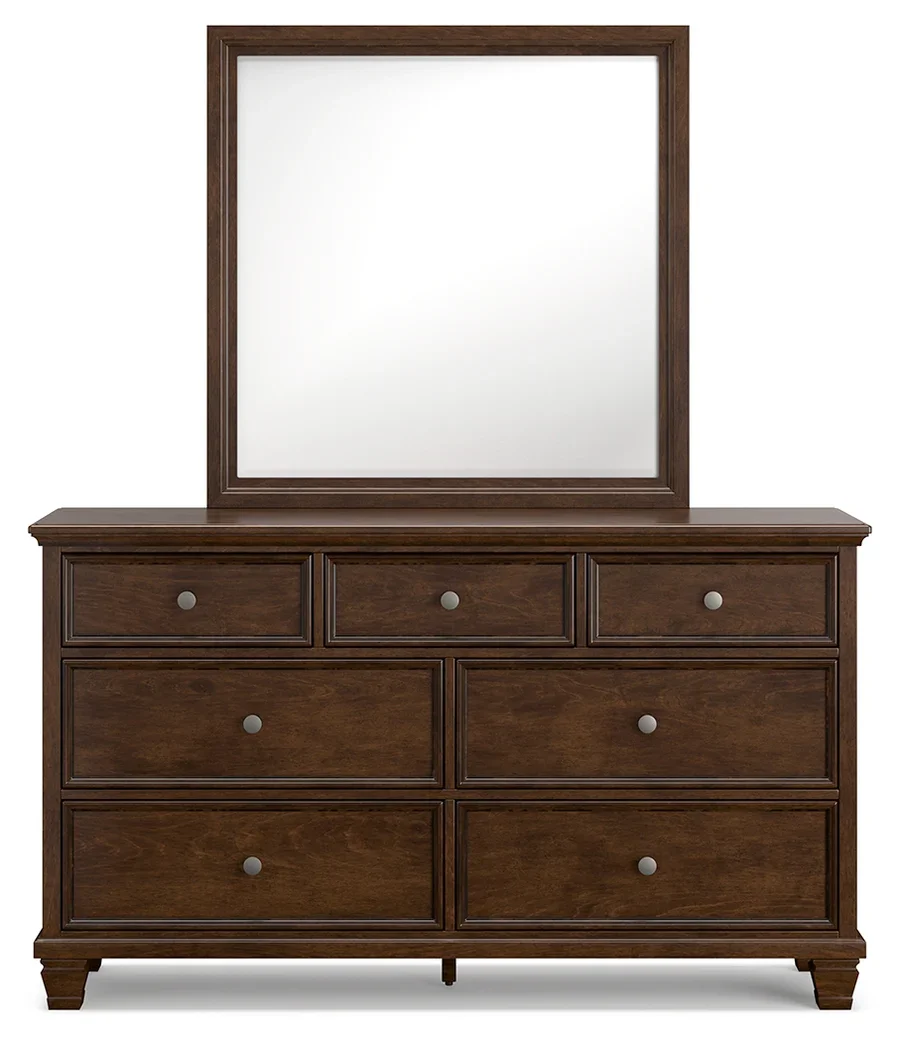 Seven-drawer cherry dresser with a matching framed mirror, dovetail drawers, and satin nickel-tone hardware.