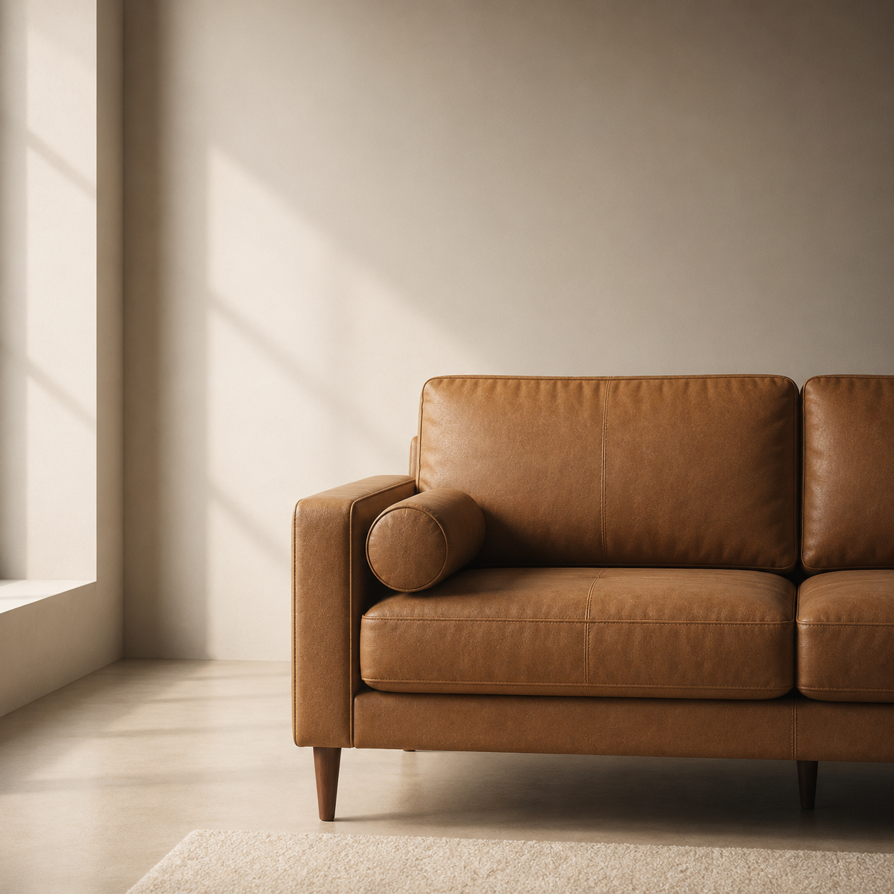 A tan leather sofa with a cylindrical pillow at one arm rests against a white wall in a bright room with sunlight casting shadows.