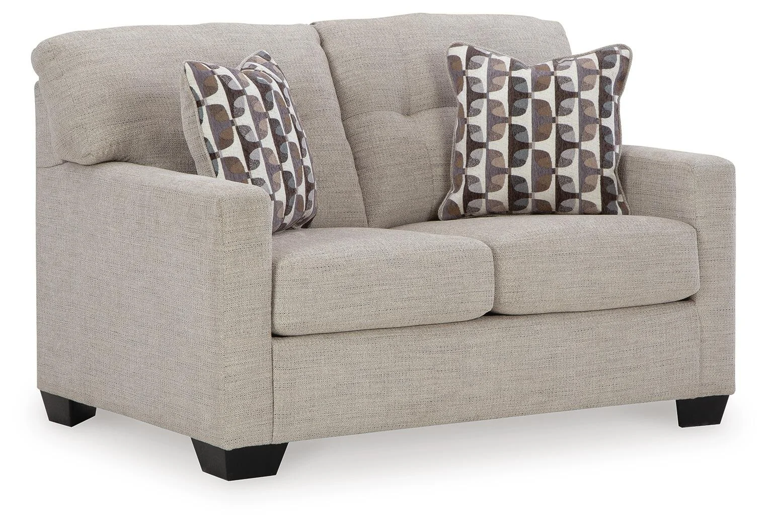 Matching transitional loveseat with tufted back cushions, soft polyester upholstery, plush seating, and coordinating accent pillows.