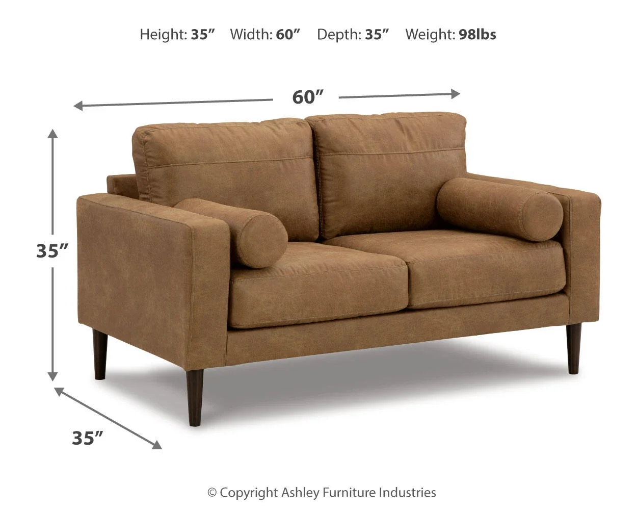 Timber loveseat dimensions showing overall width, depth, and height measurements.