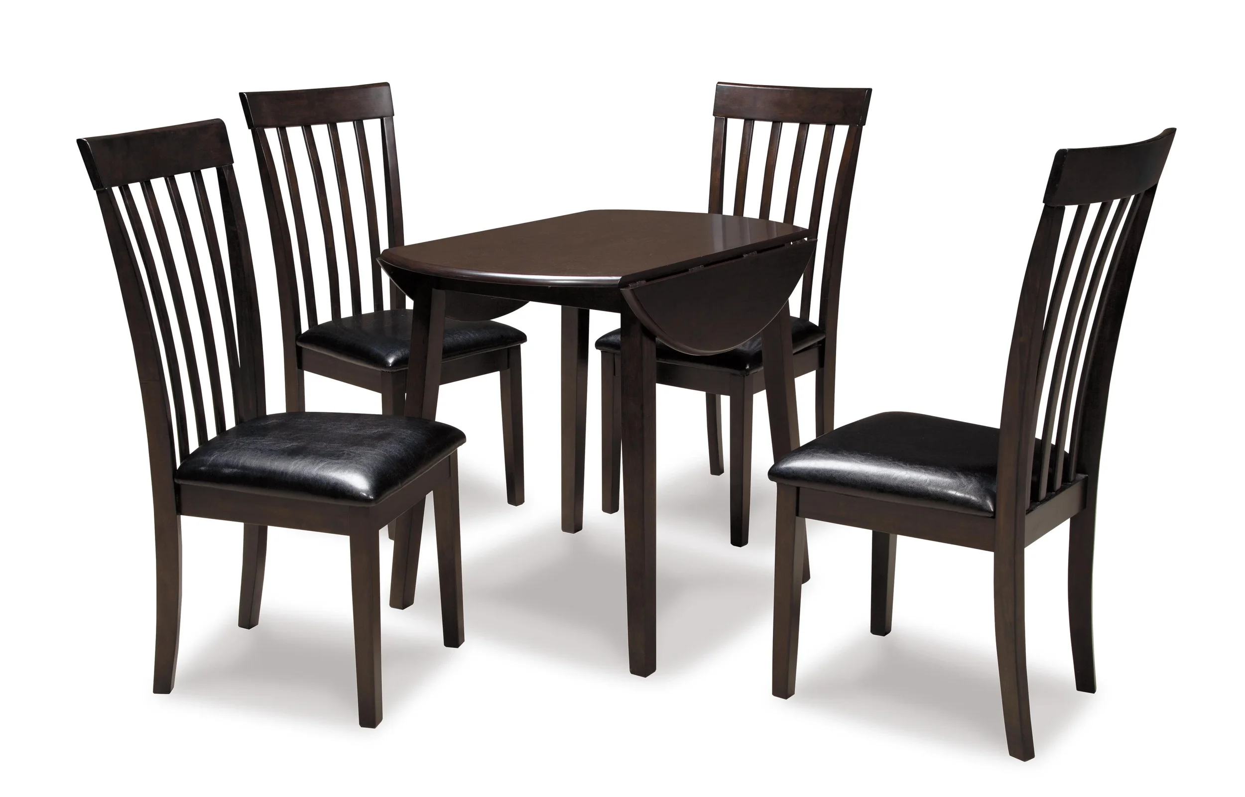 Hearthside 5-piece dining set with a round drop leaf table and four dark brown cushioned dining chairs on a white background.