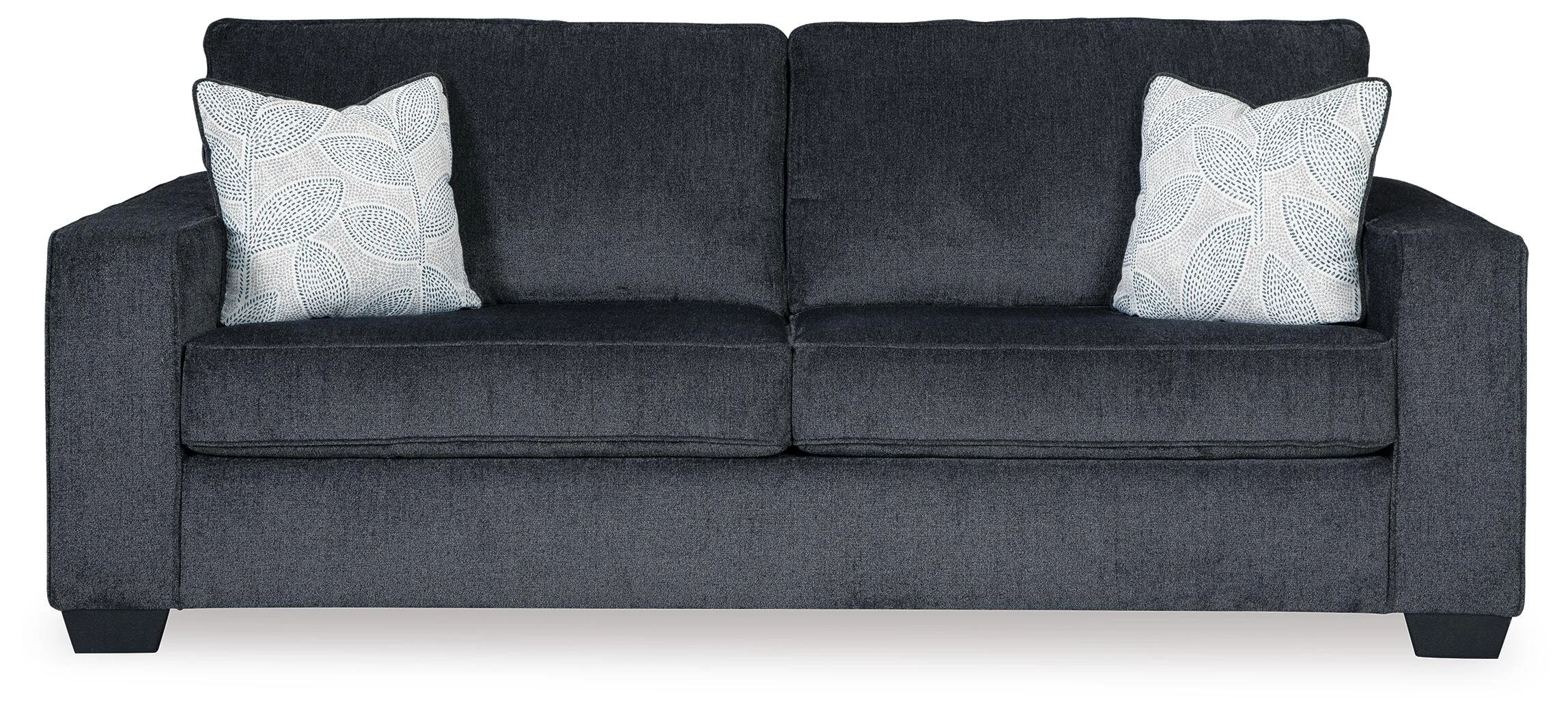 Contemporary sofa with soft chenille-feel upholstery, track arms, plush seating, and coordinating floral accent pillows.