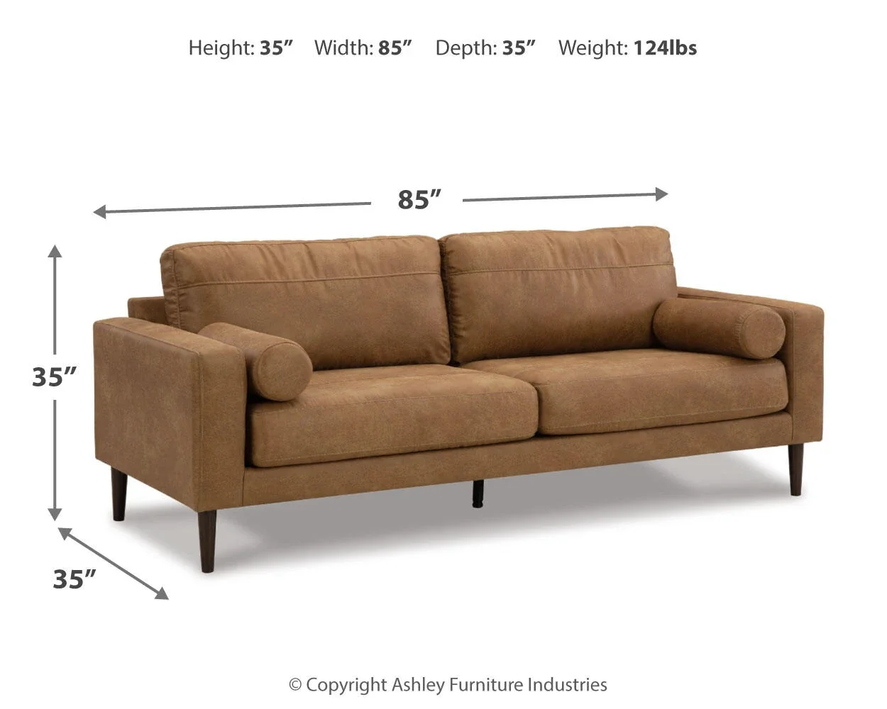 Timber sofa dimensions showing overall width, depth, and height measurements.