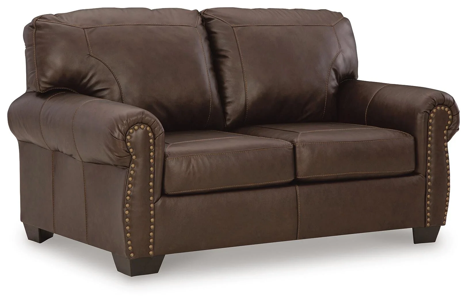 Matching leather loveseat with top-grain leather seating, roll arms, decorative nailhead trim, and supportive foam cushions.
