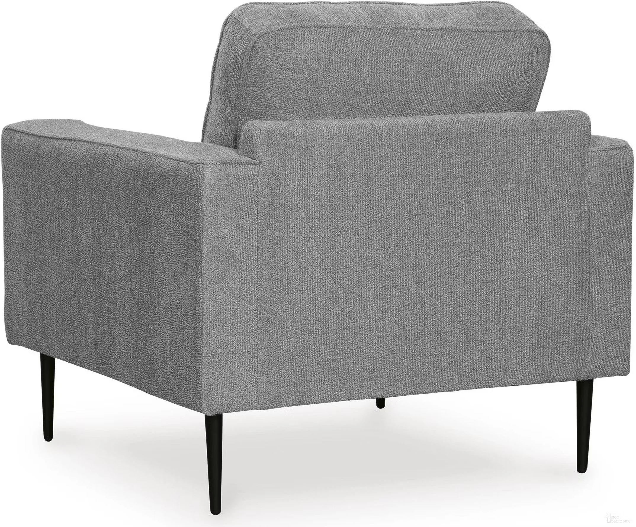 Contemporary upholstered chair with textured polyester fabric, loose cushions, and sleek black metal accent legs.