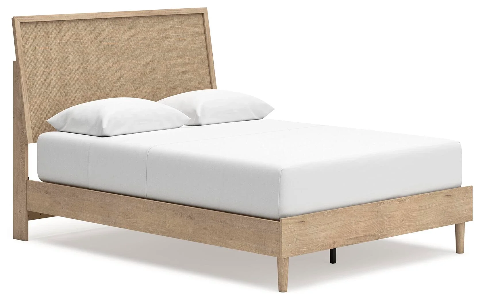 Modern panel bed with a light oak finish, cane-inspired headboard detail, and built-in roll slat support.