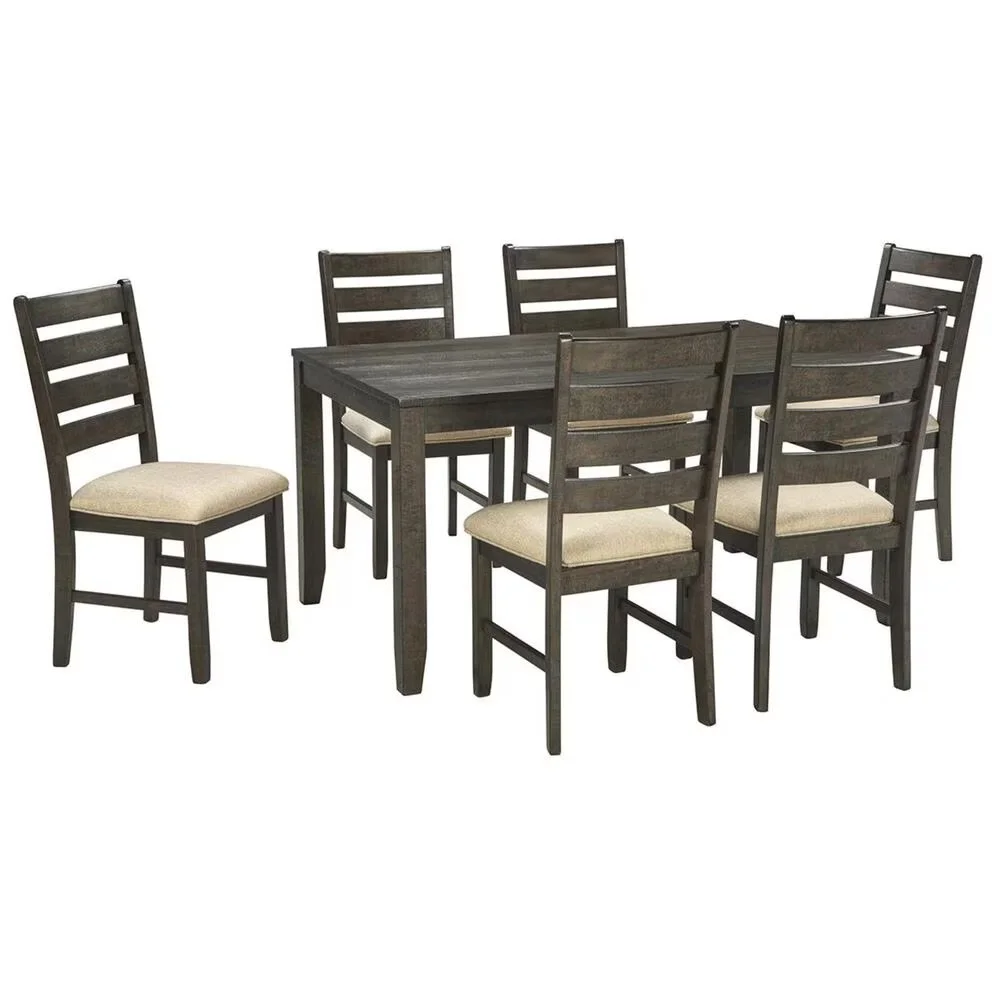 Roanoke 7-piece dining set with a rectangular dining table and six upholstered dining chairs on a white background.