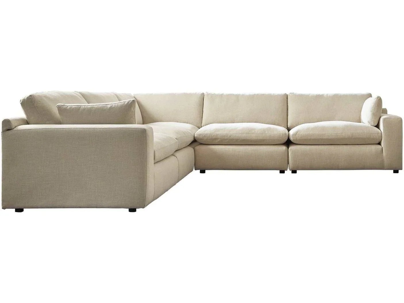 Large contemporary modular sectional with feather-fiber cushions, reversible cushions, wide track arms, and flexible seating configuration.
