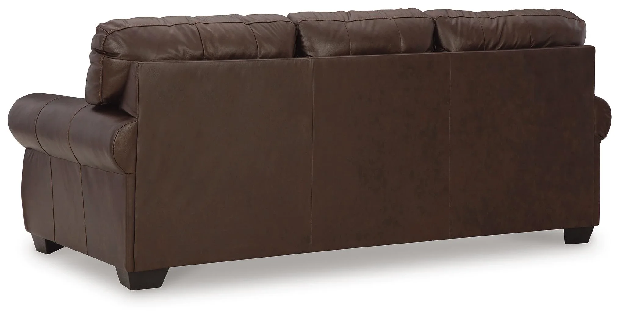 Traditional leather sofa with top-grain leather seating, classic roll arms, decorative nailhead trim, and plush cushions.