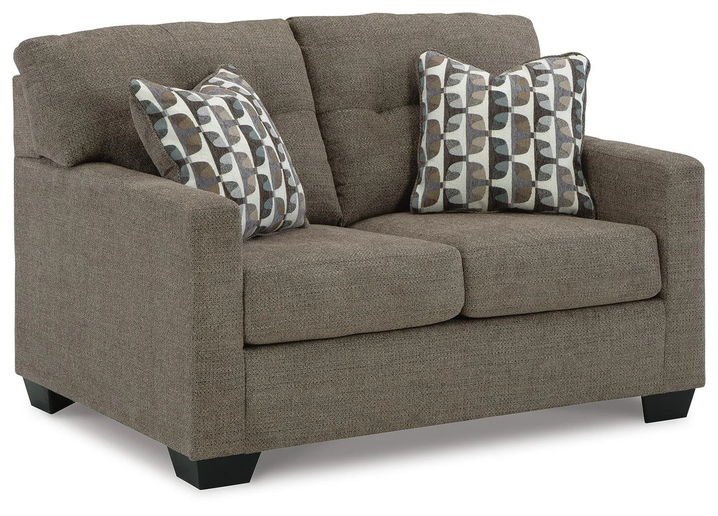 Matching transitional loveseat with tufted back cushions, soft polyester upholstery, plush seating, and coordinating accent pillows.