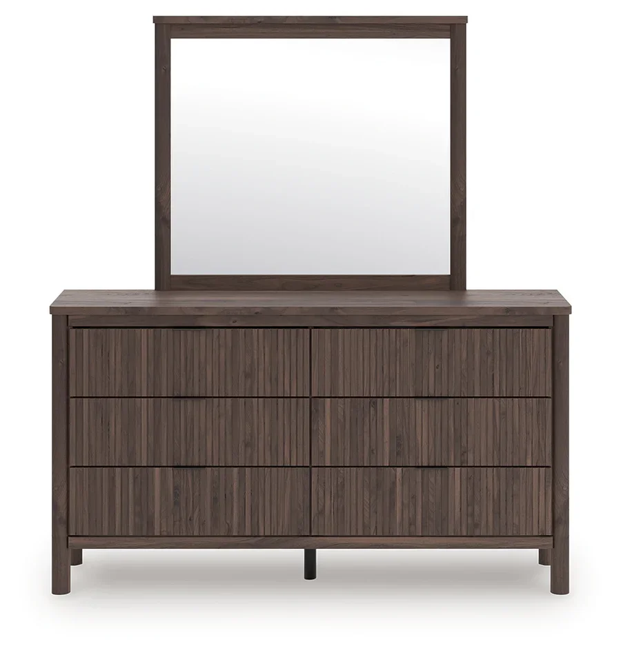 Six-drawer dresser with a matching mirror, walnut wood-look finish, faux linen-lined drawers, and modern black drawer pulls.