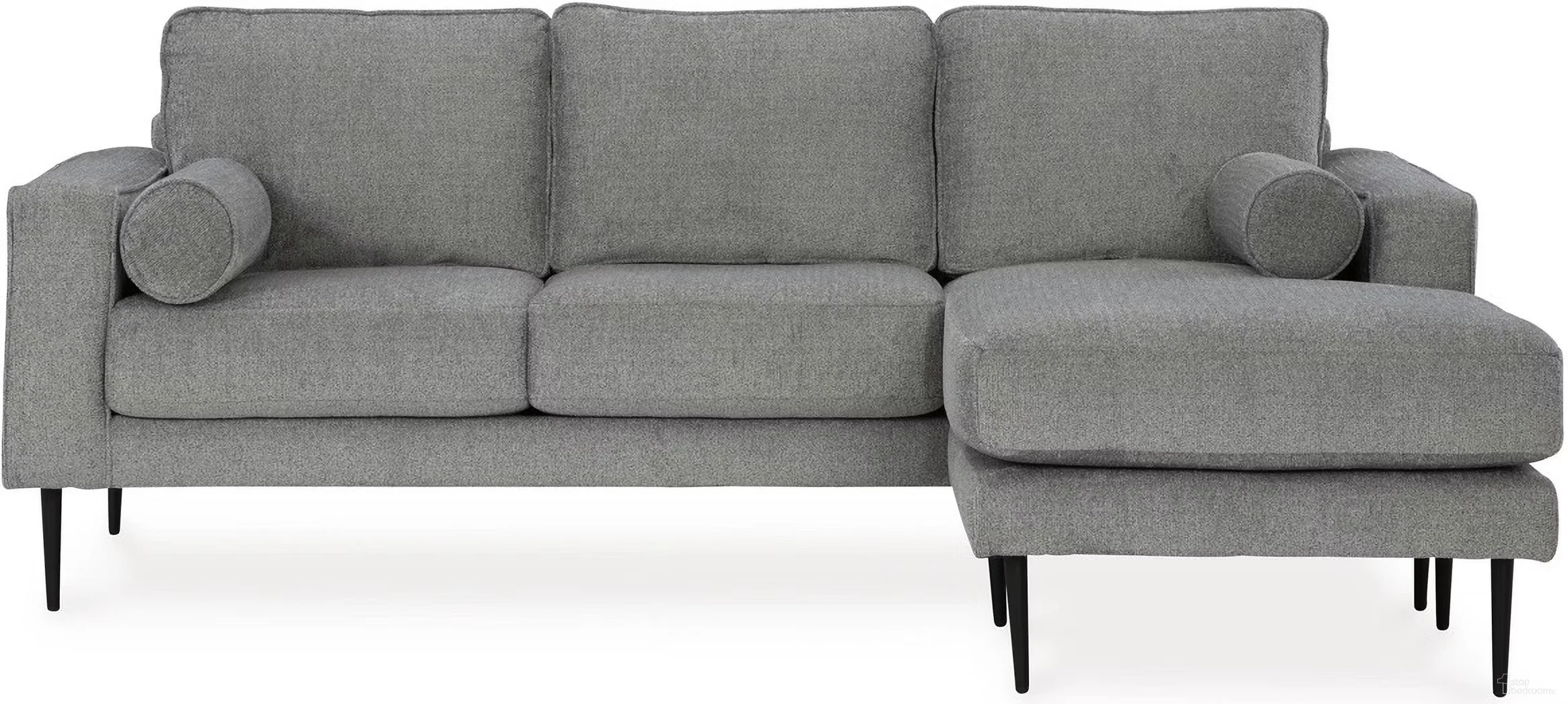 Modern reversible sofa chaise with textured polyester upholstery, slim profile, bolster pillows, and black metal accent legs.