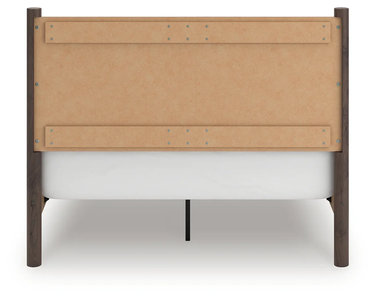 Modern panel bed with a rich walnut-look finish, clean lines, and contemporary styling.