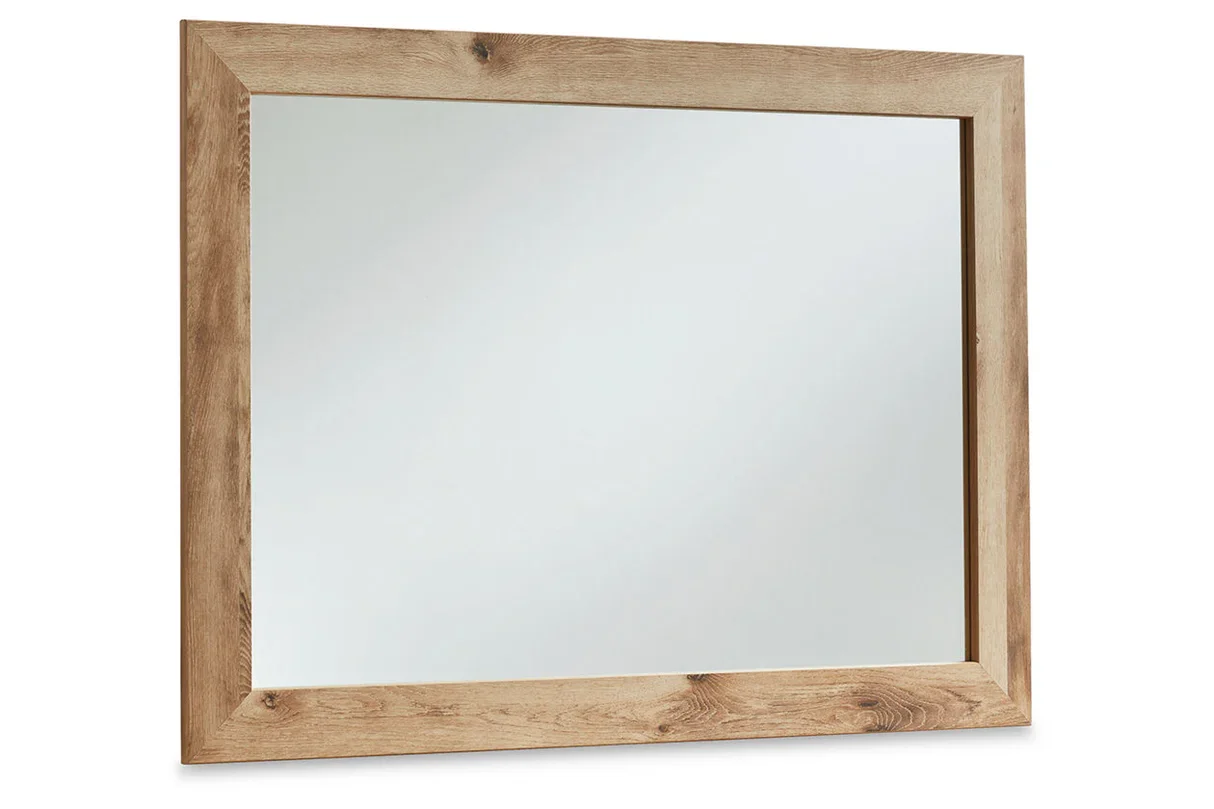 Six-drawer dresser with a matching mirror, golden rustic finish, faux linen-lined drawers, and antiqued gunmetal hardware.