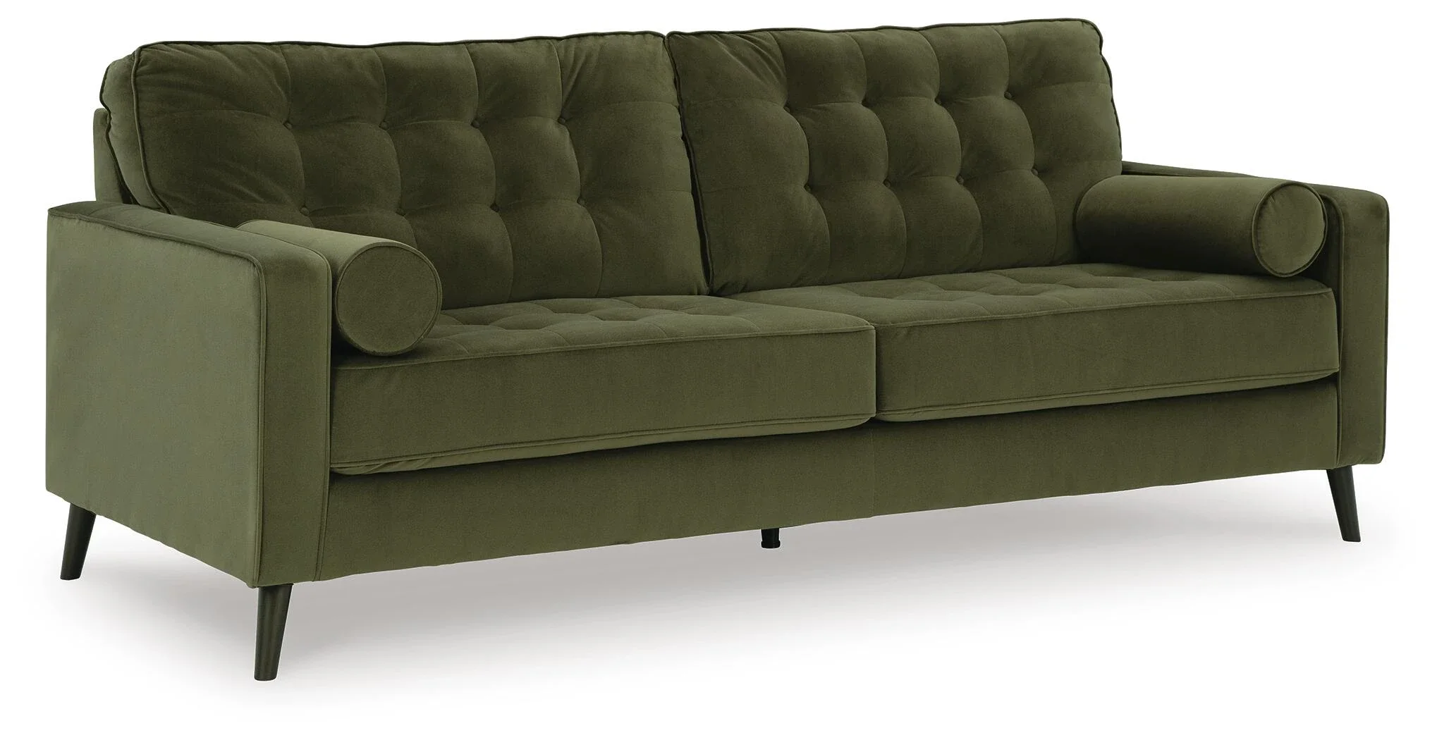 Contemporary velvet sofa with button-tufted back cushions, tapered splay legs, plush seating, and coordinating bolster pillows.