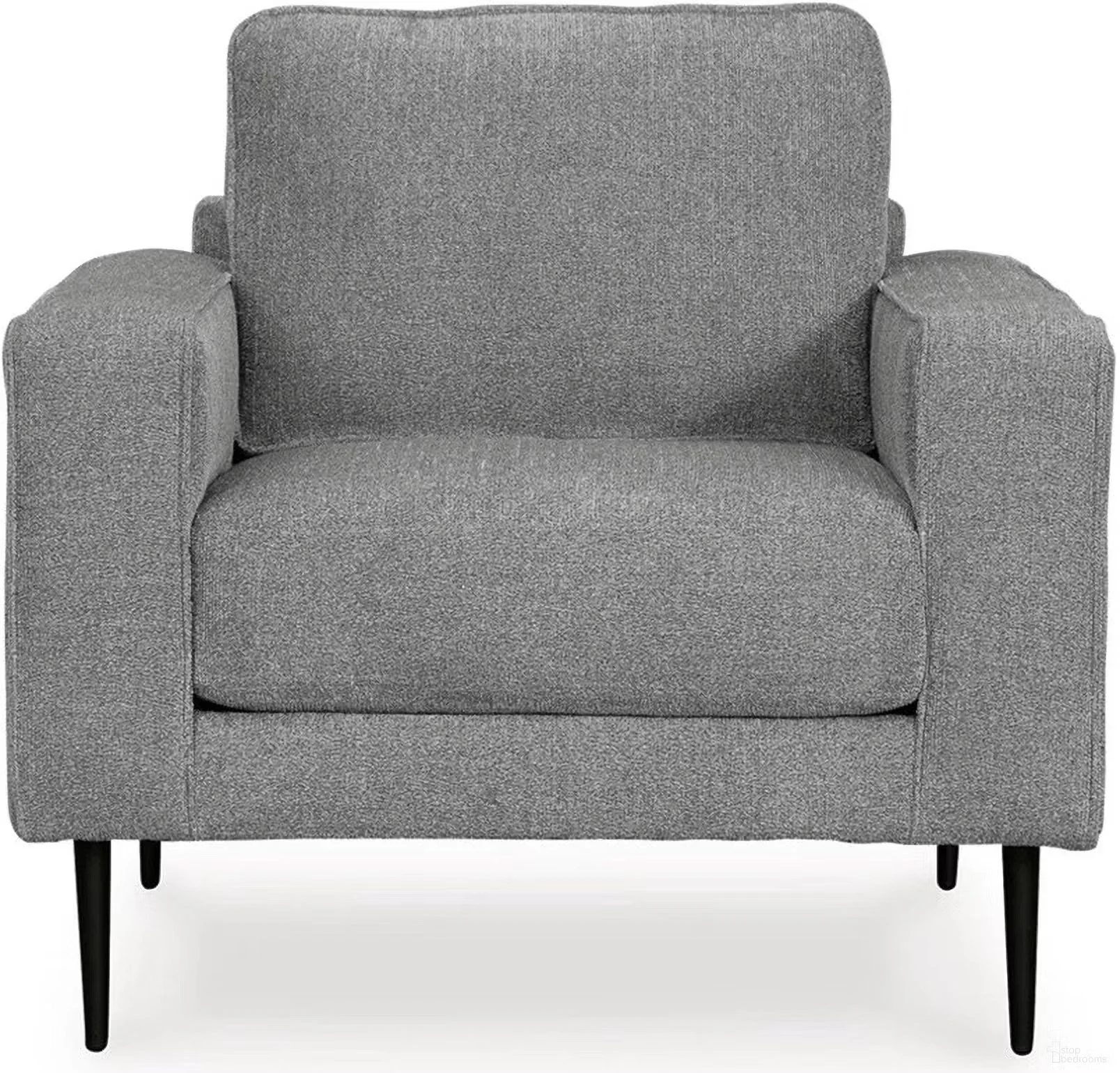 Contemporary upholstered chair with textured polyester fabric, loose cushions, and sleek black metal accent legs.