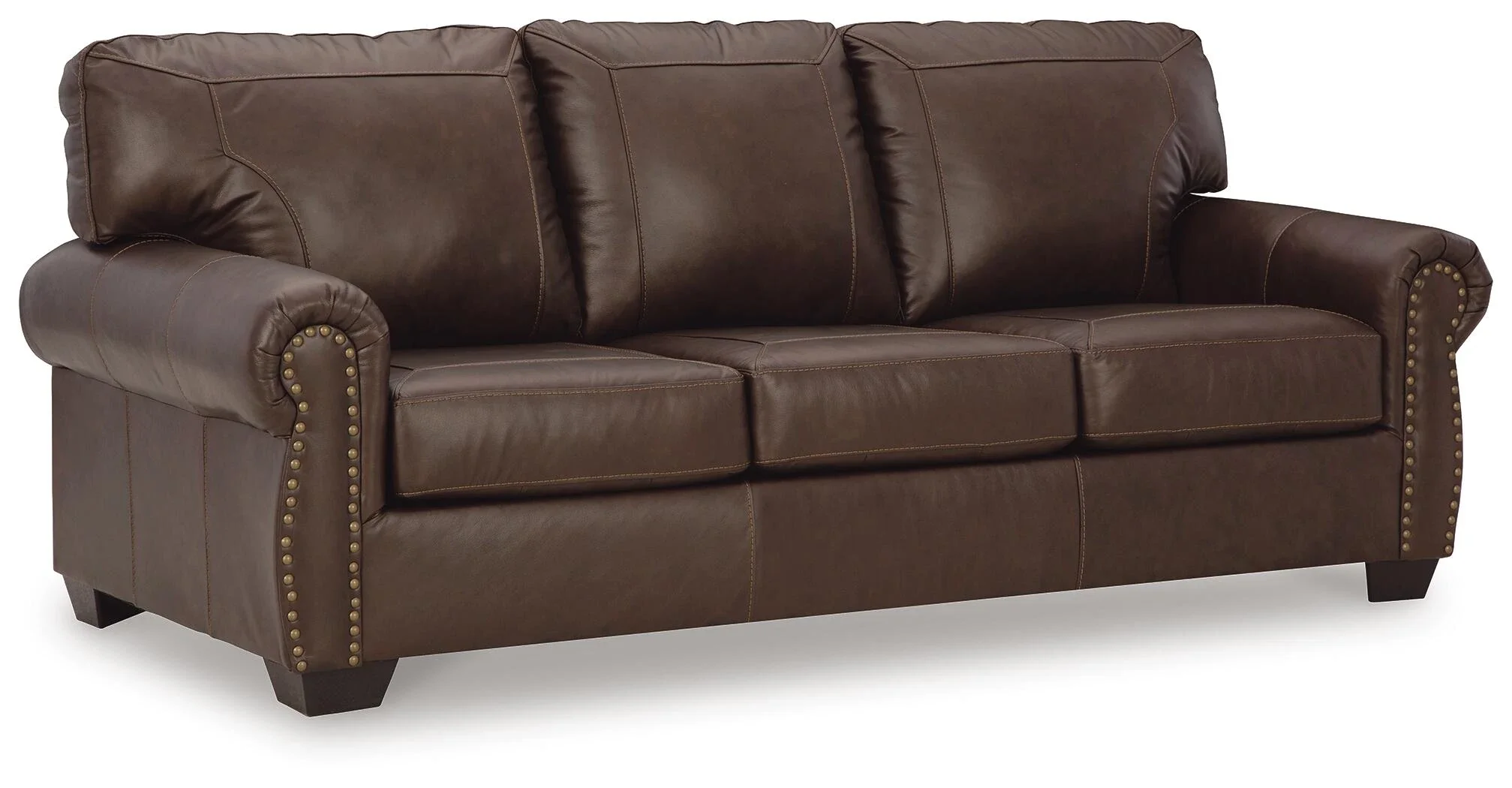 Traditional leather sofa with top-grain leather seating, classic roll arms, decorative nailhead trim, and plush cushions.