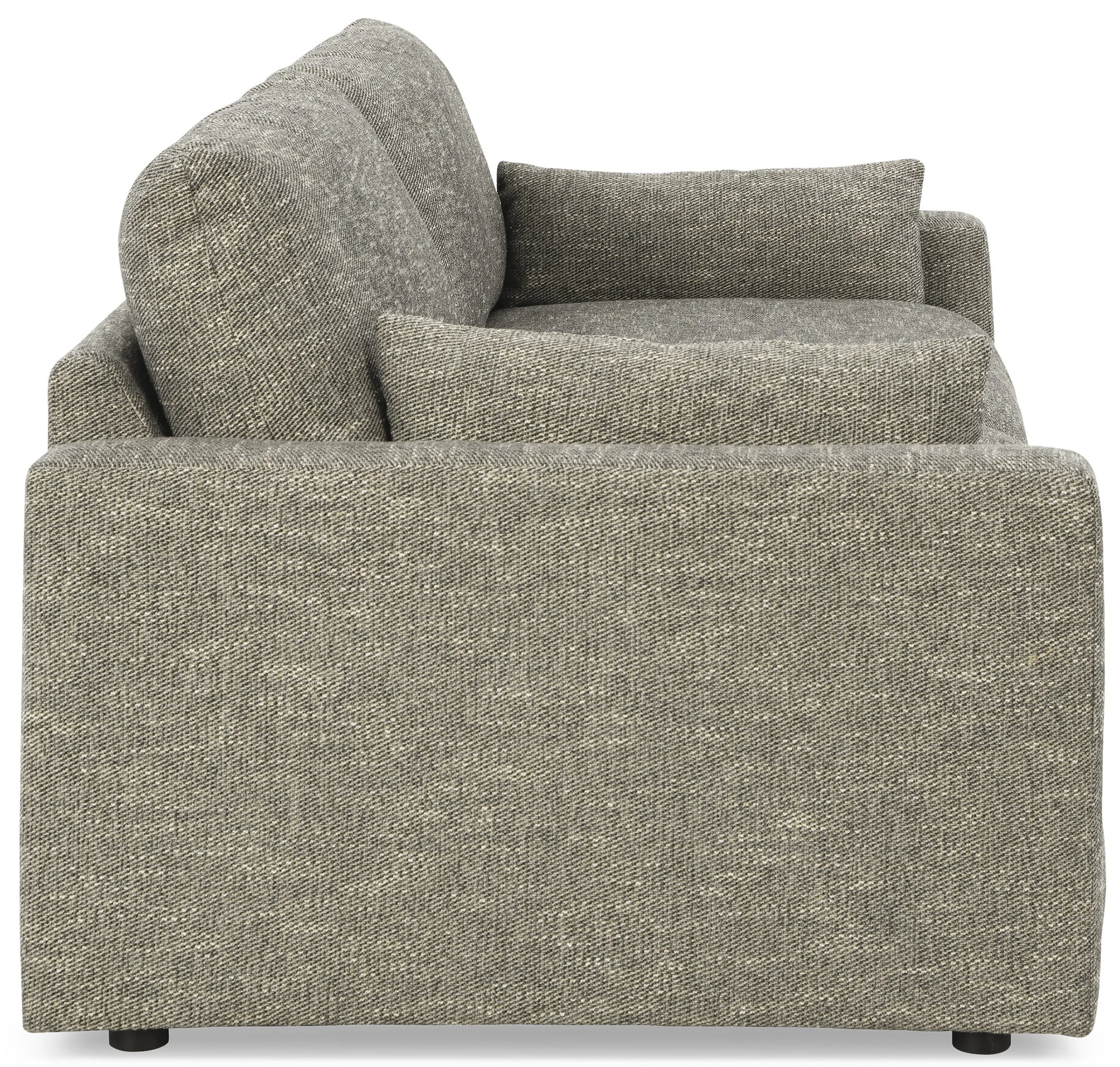 Contemporary sofa with deep feather-fiber blend cushions, granite-colored upholstery, reversible cushions, and bolster pillows.