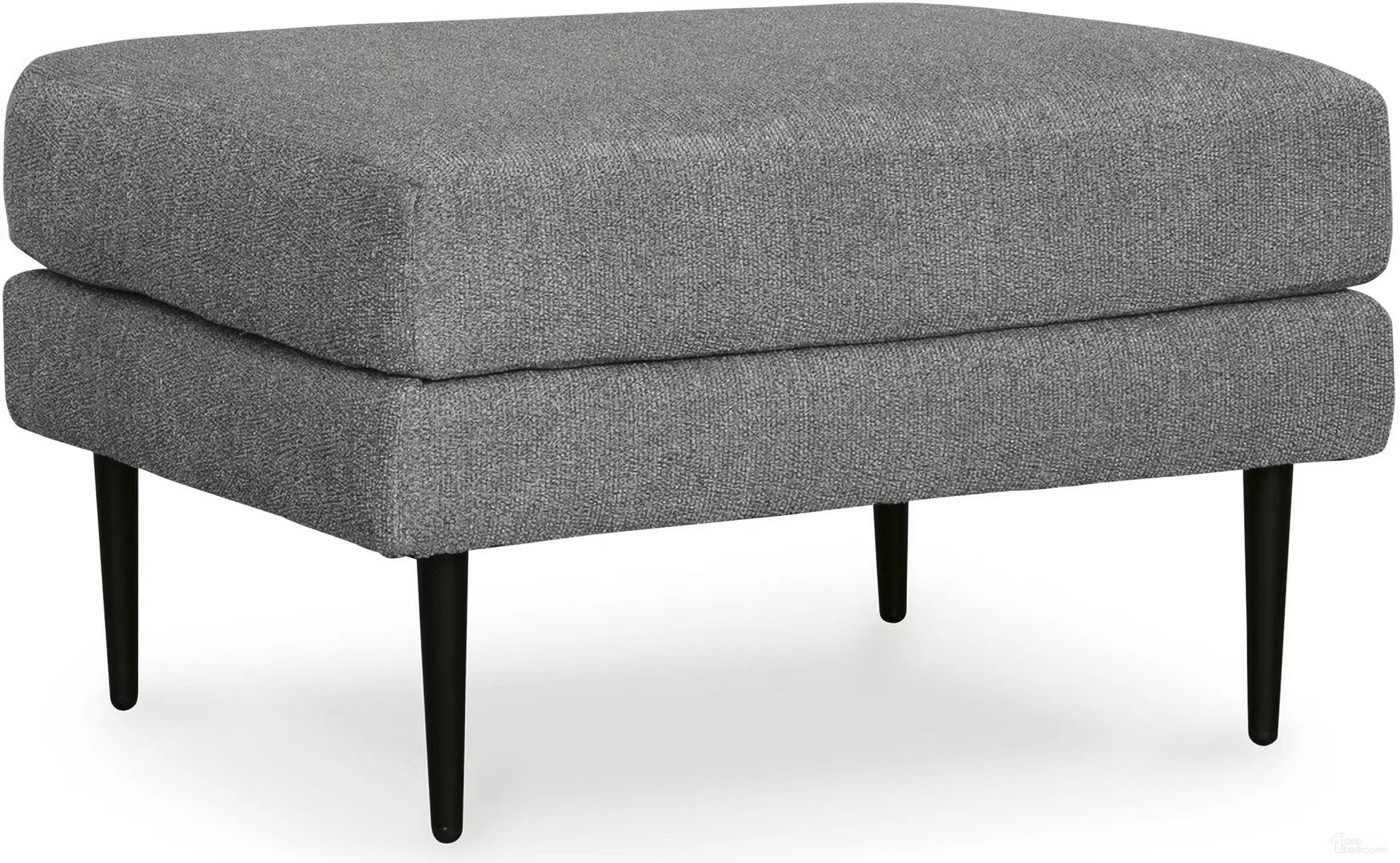 Matching upholstered ottoman with textured polyester fabric, firm foam cushioning, and black metal accent legs.