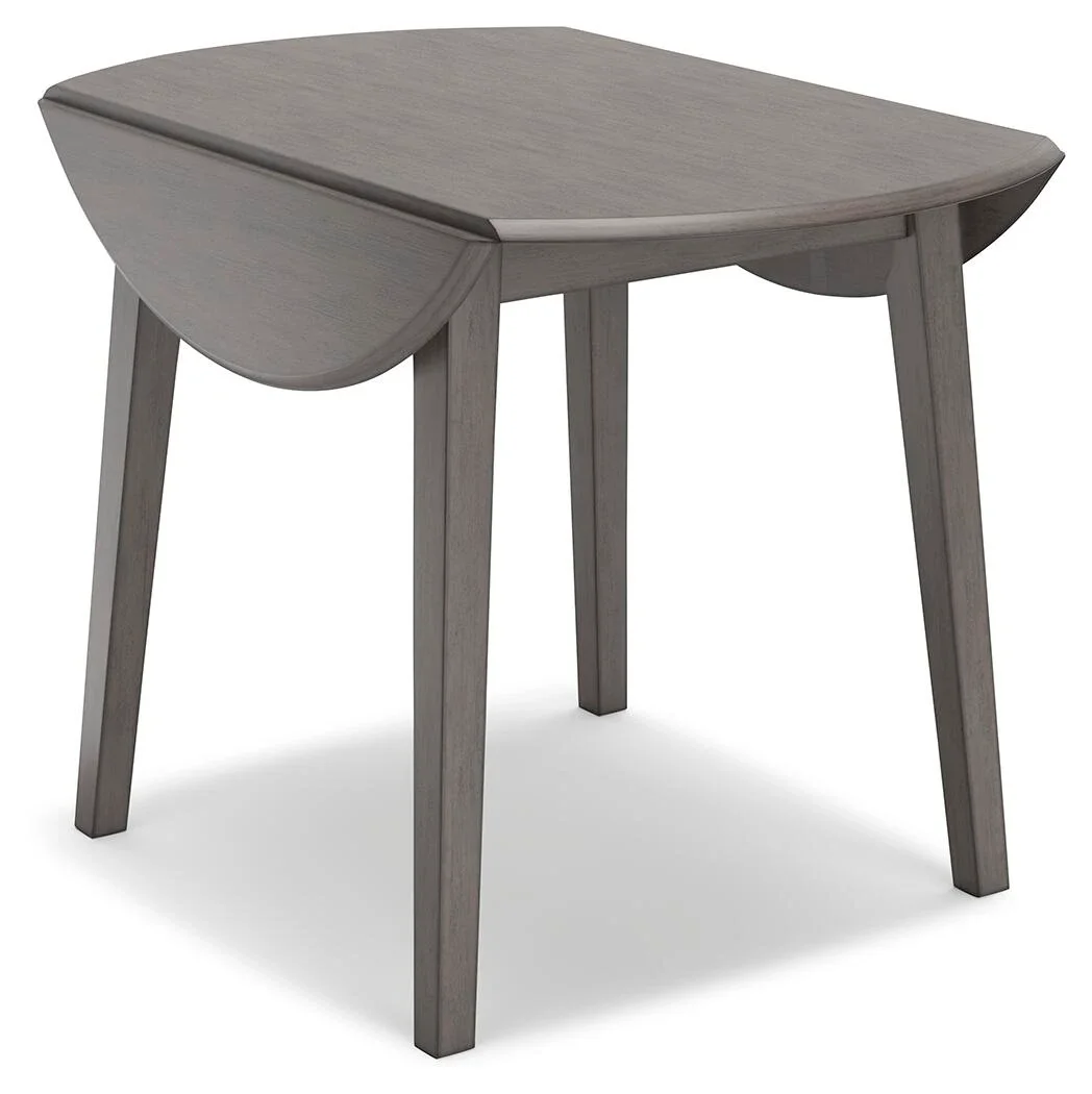 Side angle view of the Stonehill dining set highlighting the round drop leaf tabletop and gray finish.