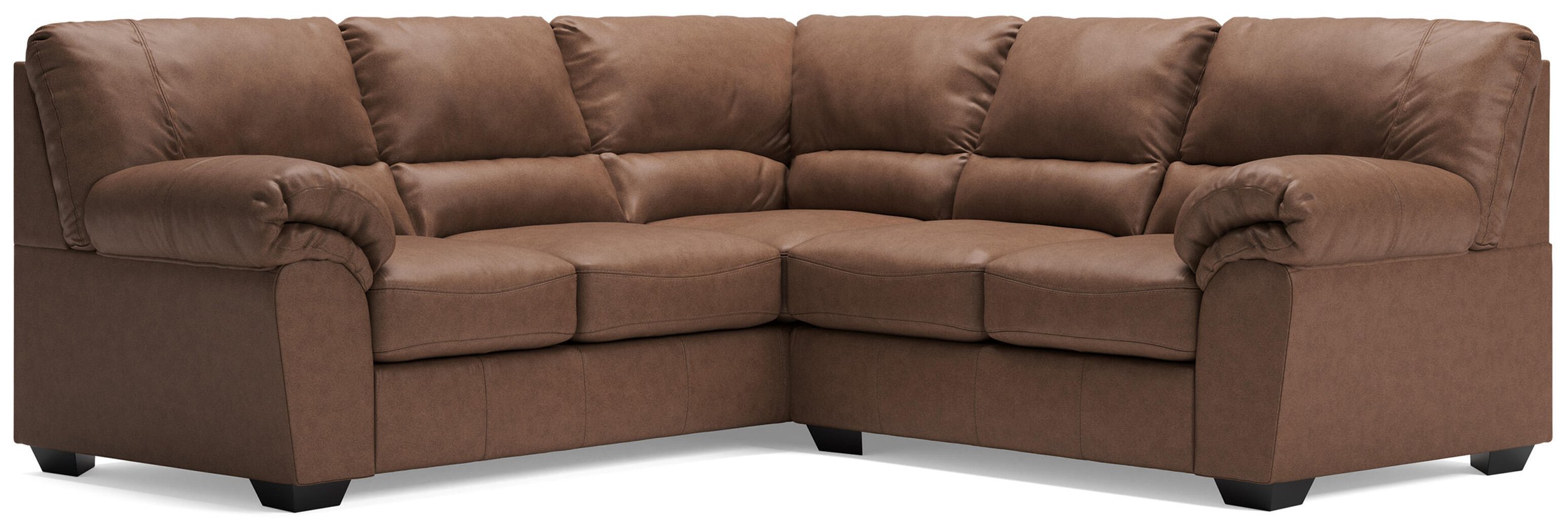 Contemporary faux leather sectional with corner wedge, jumbo stitching, plush seating, and rich umber upholstery.