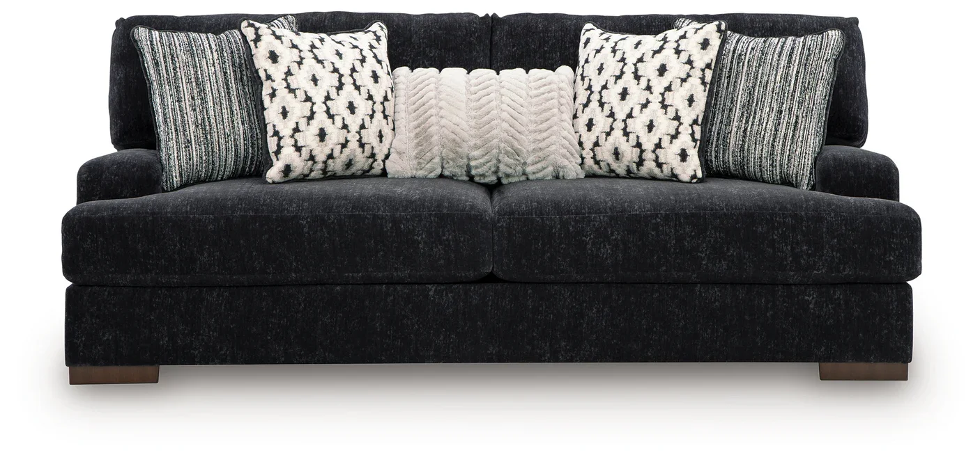 Oversized contemporary sofa with chunky chenille upholstery, reversible cushions, plush seating, and coordinating accent pillows.