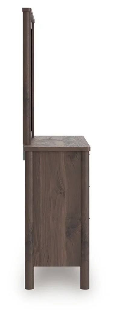 Six-drawer dresser with a matching mirror, walnut wood-look finish, faux linen-lined drawers, and modern black drawer pulls.