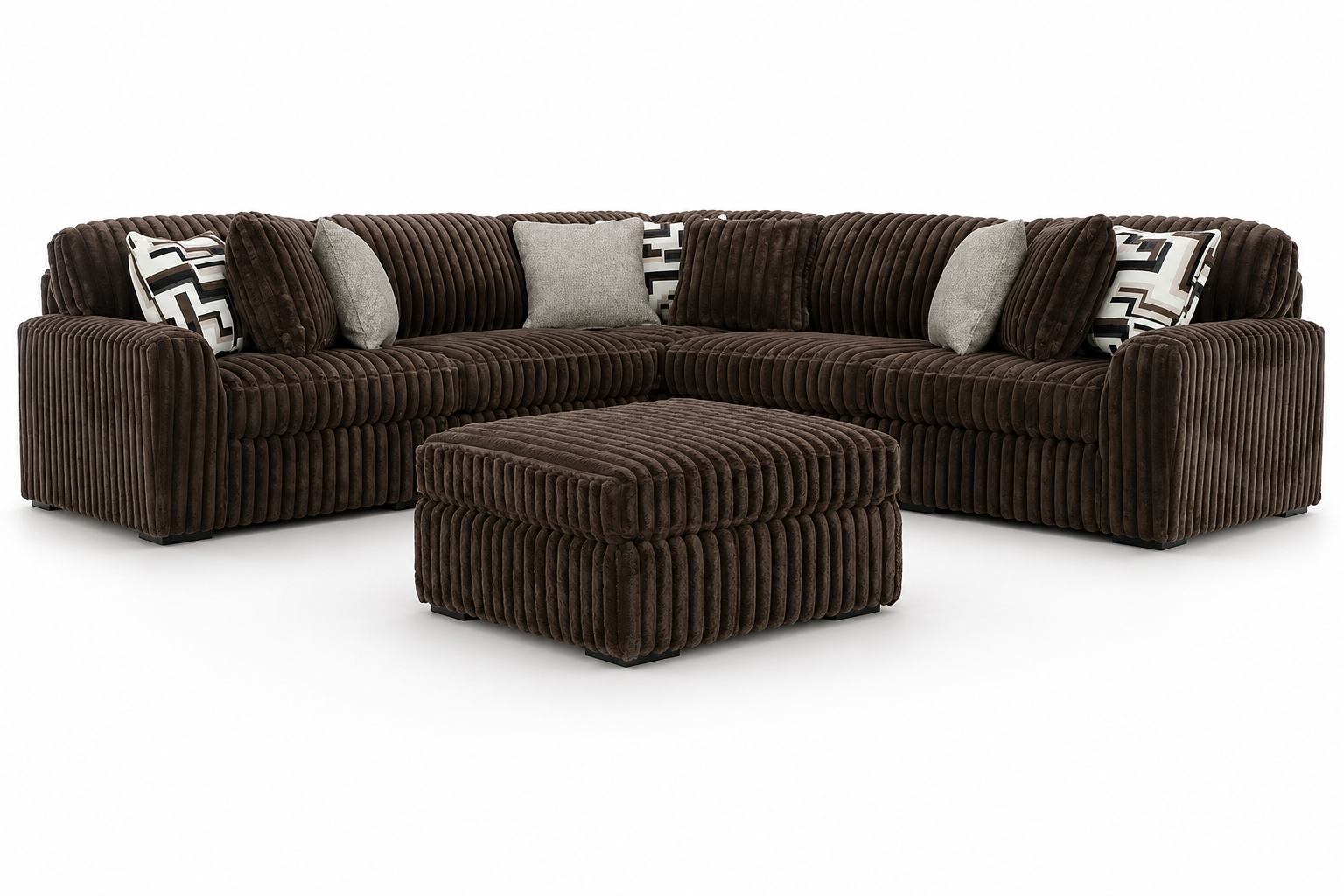 Monarch 3-piece sectional collection with a spacious sectional and matching oversized ottoman on a white background.