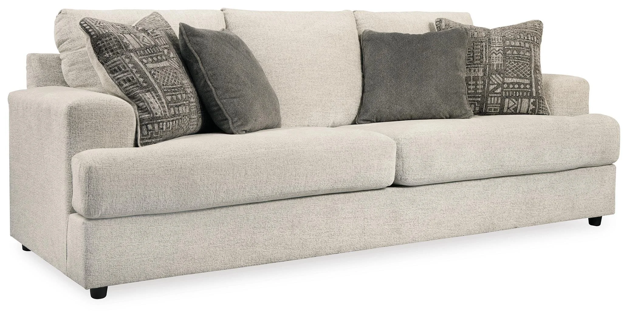 Contemporary oversized sofa with soft chenille upholstery, decorative accent pillows, and spacious three-over-two seating.