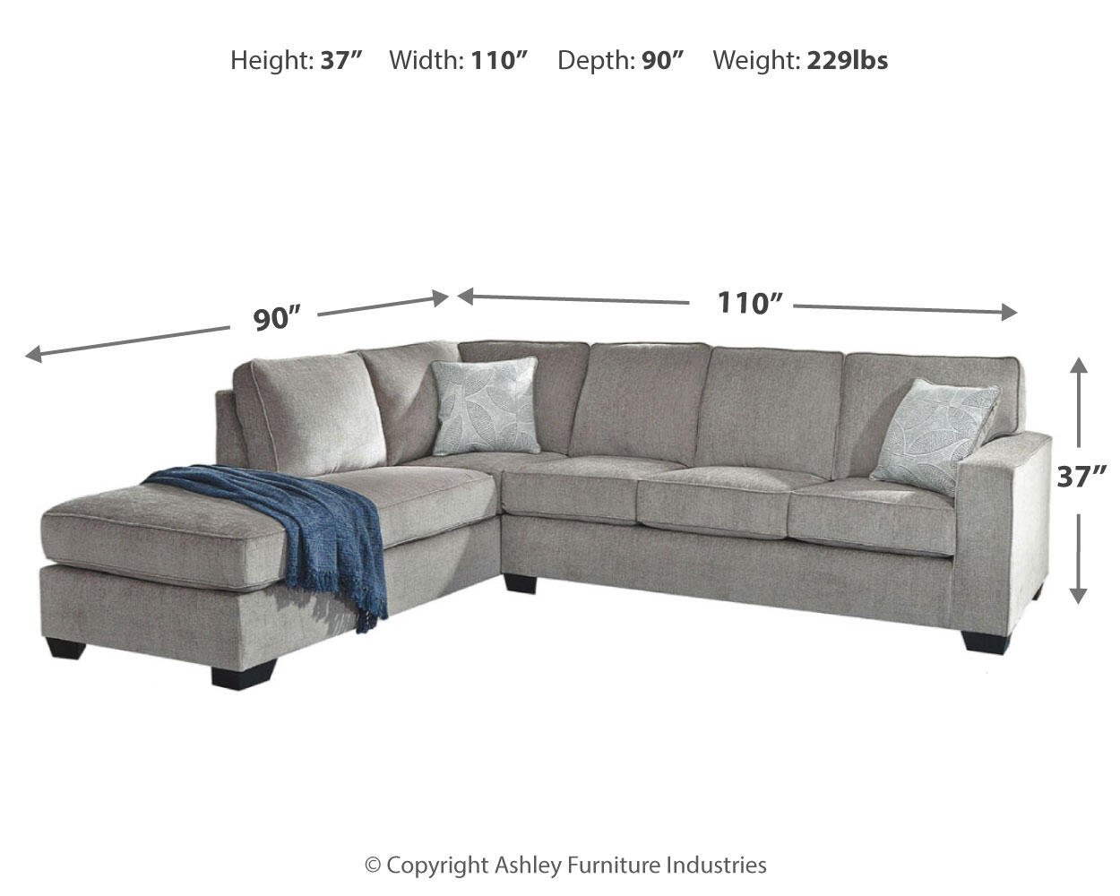 Avalon sectional dimensions showing overall width, depth, and height measurements.